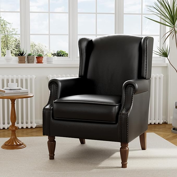 Accent Chair, Upholstered High Back Armchair with Nailhead Trim & Wood Legs, Comfy Wingback Reading Single Sofa Chair for Small Spaces, Living Room, Bedroom, Leather Black, Set of 2