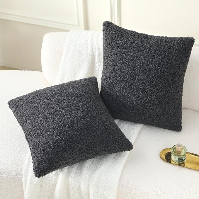 FUTEI Charcoal Throw Pillow Covers 26x26 Inch Set of 2,Furry Faux Fur Teddy Boucle Textured Cushion Covers,Soft Fluffy Decorative Euro Pillow Shams,Home Decor for Couch Bed Living Room Office Car