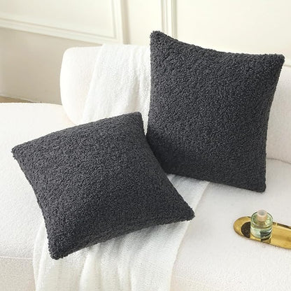 FUTEI Charcoal Throw Pillow Covers 18x18 Inch Set of 2,Furry Faux Fur Teddy Boucle Textured Cushion Covers,Soft Fluffy Decorative Pillow Case,Home Decor for Couch Bed Living Room Office Car