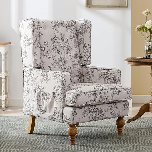 DUOMAY Tufted Accent Chair Set of 2, Modern Linen Upholstered Wingback Side Arm Chair for Living Room Bedroom with Wood Legs, Comfy Reading Guest Chair for Office, Beige Flower Pattern