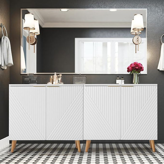 Fluted Storage Cabinet with Doors Set of 2, Wooden Sideboard Buffet Cabinet with Adjustable Shelves, Modern Accent Table for Living Room, Entryway, White