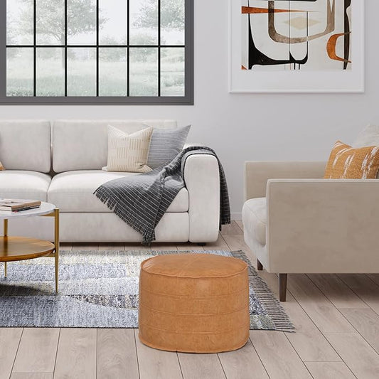 SIMPLIHOME Brody Boho Round Pouf in Distressed Brown Vegan Faux Leather for the Living Room, Bedroom and Kids Room