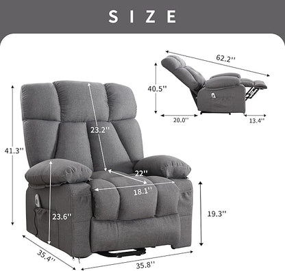 Oversized Power Lift Recliner Chair for Elderly, Big and Tall Lift Chair with Massage and Heat for Living Room, Fabric Electric Recliner Chairs with 4 Side Pockets, USB Charge Port,Grey