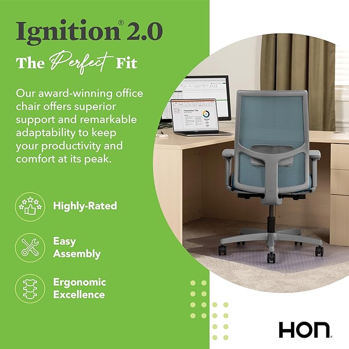 HON Ignition 2.0 Mid Back Task Chair, Spectrum Mesh, Advanced Synchro-Tilt Control, Office Chair with Lumbar Support, Height and Width Adjustable Arms, Titanium Frame, Sky