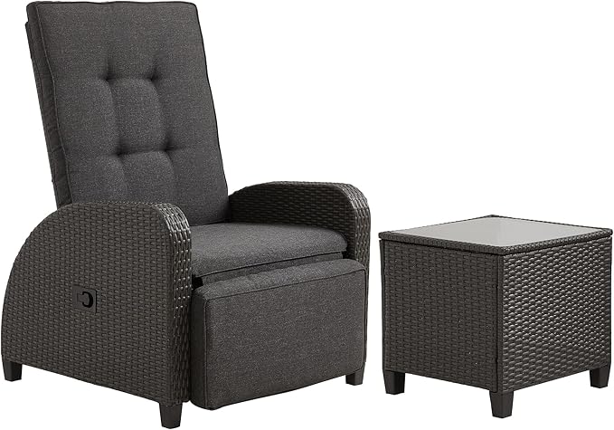 Outdoor Patio Recliner with Independently Adjustable Backrest and Footrest, All-Weather Wicker Patio Chair with Side Table, 160° Lay Flat Patio Reclining Lounge Chair for Backyard Garden, Grey