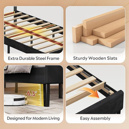 WLIVE Twin Size Upholstered Bed Frame, Velvet Square Tufted Headboard,Sturdy Metal & Wooden Slats Support, No Box Spring Needed, Black