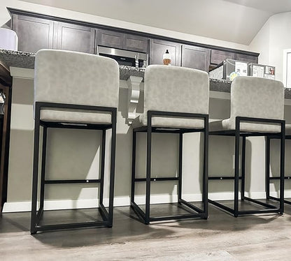ALPHA HOME 24 Inch Bar Stools Set of 2, Kitchen Counter Stools with Backs, PU Leather Barstools, Kitchen Stools with Back&Upholstered Footrest, Sturdy Chromed Metal Steel Frame, Light Gray