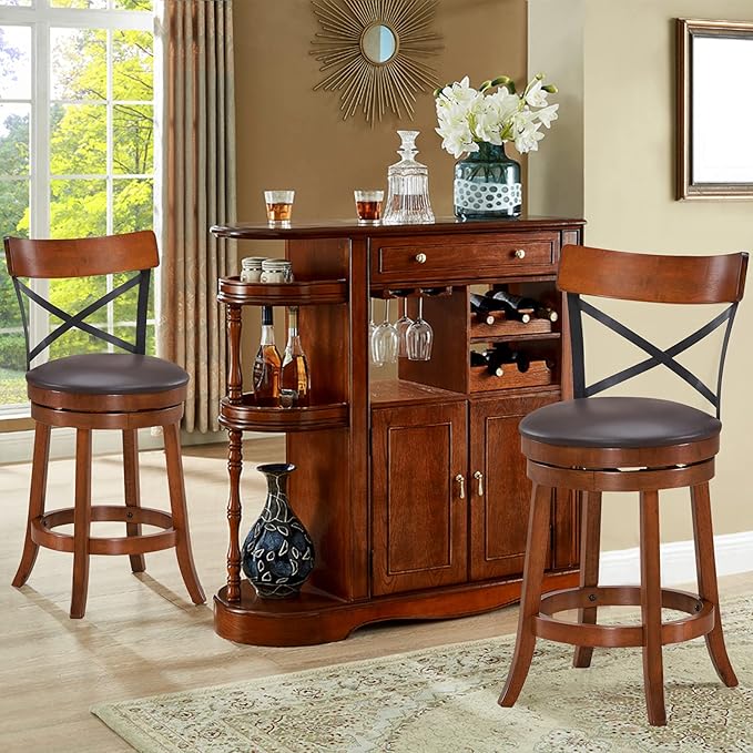COSTWAY Bar Stool Set of 4, 360-Degree Swivel Solid Wood Stools with Soft Cushion & Backrest, 25”Height Kitchen Counter Bar Stools for Kitchen Island, Pub, and Restaurant (4, 25 inch)