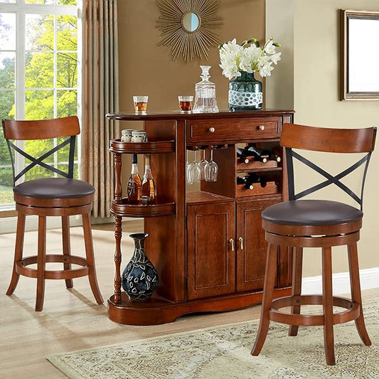 COSTWAY Bar Stool Set of 2, 360-Degree Swivel Solid Wood Stools with Soft Cushion & Backrest, 25”Height Kitchen Counter Bar Stools for Kitchen Island, Pub, and Restaurant (2, 25 inch)