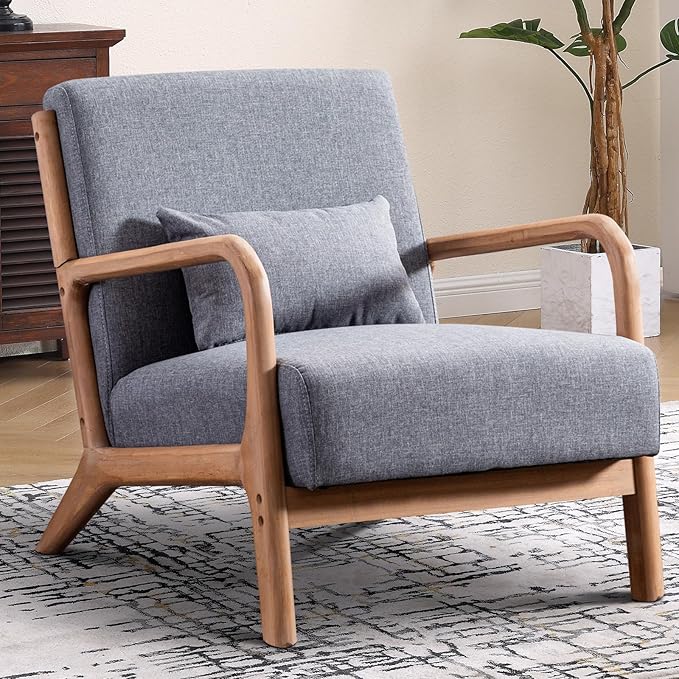 Accent Chair Mid Century Modern Chair Linen Fabric Living Room Chairs with Solid Wood Frame Comfy Upholstered and Lumbar Pillow Reading Side Chairs Easy Assembly for Bedroom (2, Grey)