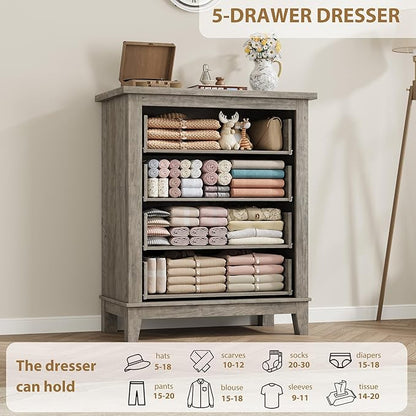 GarveeHome 4 Dresser for Bedroom, 34.8 in Tall Vertical Drawer Dresser with Large Storage, Freestanding Wooden Closet Chest for Bedroom, Living Room, Grey