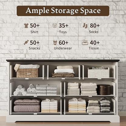 Farmhouse 7 Drawers Dresser for Bedroom, 57" Wide Modern Chest of Drawers with Deep Drawers & Bar Handles, Rustic Wood Dresser TV Stand, Wooden Closet Storage Organizer for Living Room, Hallway, White