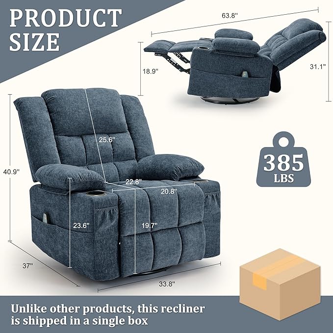 Adult 360° Swivel Rocking Recliner, Nursery Glider Lounger with Massage and Heating, Rocking Chair with Cup Holder, Living Room and Bedroom Manual Chair (Fabric, Blue)