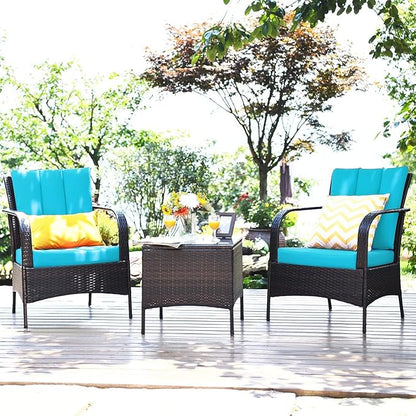 COSTWAY 3 Pieces Patio Rattan Furniture Set, Outdoor Conversation Chair Set with Coffee Table & 2 Cushions for Backyard, Porch, Poolside, Lawn, Garden, Turquoise