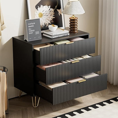 Black Dresser for Bedroom, Fluted Modern Dresser with Gold Pulls and 3 Drawers, 15.7" D x 31.5" W x 29.5" H