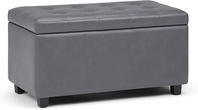 SIMPLIHOME Cosmopolitan Storage Ottoman - 34 inch Wide Upholstered Vegan Leather Rectangle Storage Ottoman Bench in Stone Grey, Transitional Tufted Ottoman for Living Room or Entryway with Lift-Up Lid