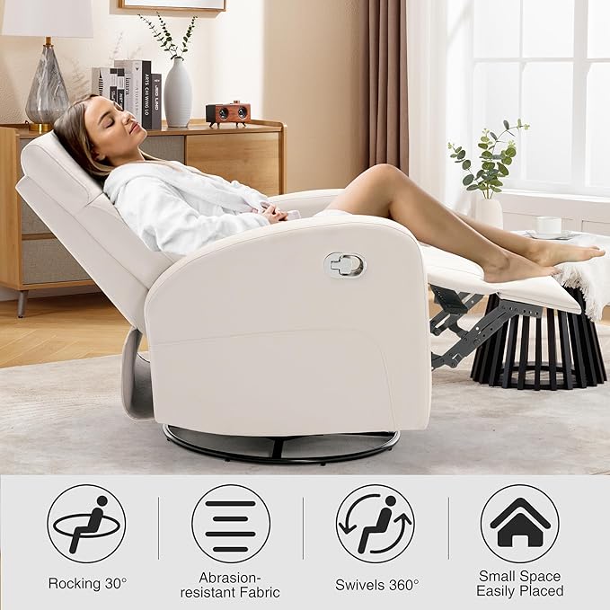 Swivel Rocker Recliner, Manual Glider Rocking Recliner Chair, Swivel Reclining Lounge Chair Nursery Glider Recliners for Small Spaces, Living Room, Beige