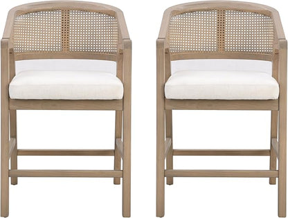 Christopher Knight Home Set of 2 Morley Wooden Counter Stool,Dining Room/Kitchen Island Barstool with footrest, Curved Backrest,Wicker/Cane Accents,Soft Removable Cushions, Light Beige+Light Ash