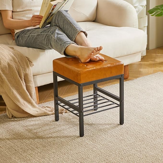 IBUYKE Square Makeup Stool with Adjustable Feet and Storage Space, Footrest Chair, PU Vanity Seat, Multi-Use as Small Side Table or Ottoman, for Bedroom, Light Brown LG-60J