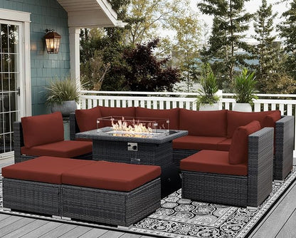 NICESOUL 9 Piece Extra Large Outdoor Patio Furniture Set with Firepit Table Natural Gas/Propane, 29.3'' High Back Gray Wicker Sectional Sofa, Deep Sitting Conversation,2 Color Cushion Burgundy & Gray