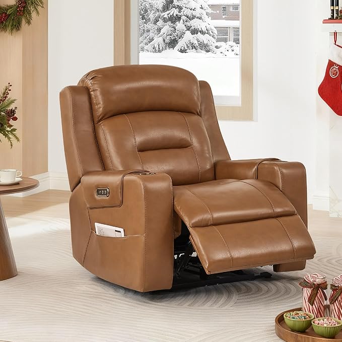 Watson & Whitely Genuine Leather Power Recliner Chairs for Adults, Lay Flat Recliner with Power Headrest, USB Ports and Cup Holders, Electric Reclining Sofa for Living Room, Bedroom, Saddle Brown