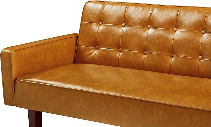 74" Loveseat Sofa with Vintage Button Tufting, Faux Leather Convertible Sleeper Futon Sofa Bed with Spring Cushion and Wood Legs for Apartments, Offices, Reception Areas, Living Rooms, Brown
