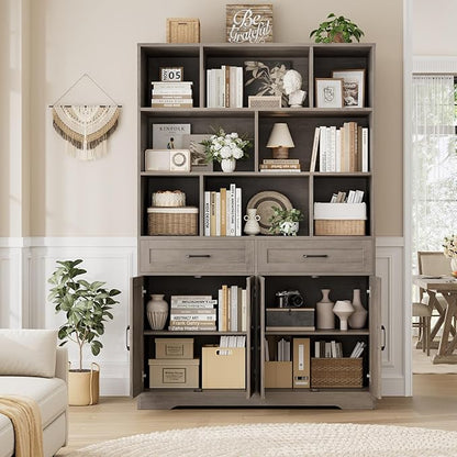HOSTACK 71" Tall Bookcase with Drawers and Doors, 47" Wide Book Shelf and Bookcase with Storage, 6 Tier Large Book Storage Cabinet with 14" Deep Display Shelves for Living Room, Home Office, Ash Grey