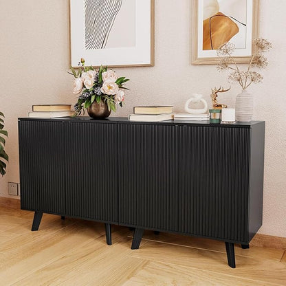 Modern Sideboard Buffet Cabinet Console Table, Accent Storage Cabinets Credenza Buffer Cabinet with 4 Fluted Doors for Kitchen Dining Living Room Entryway(Black)