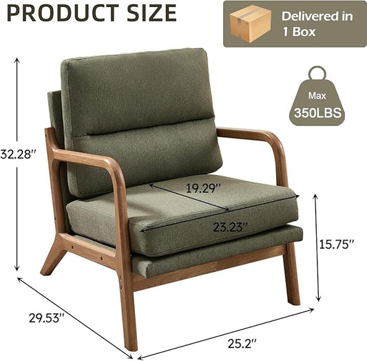 Mid Century Modern Accent Chair Set of 2, Linen Fabric Upholstered Lounge Arm Chair with Solid Wood Frame and Soft Cushion for Living Room, Bedroom, Balcony (1, Green)