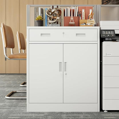 BESFUR 36" H Metal Cabinet with Lockable Drawer and 2 Lockable Doors, White Locking Cabinet with Adjustable Shelf, Lockable Storage Cabinet for Home Office, Garage,School, Warehouse, Utility Room