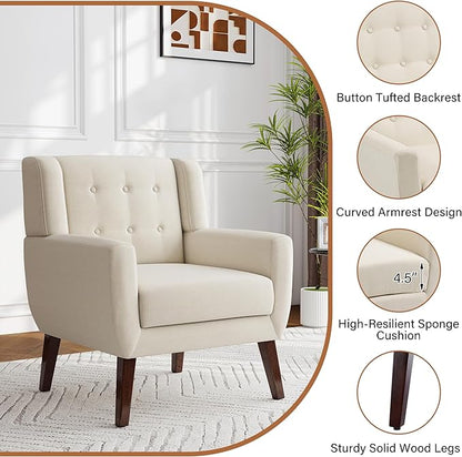 Accent Chair, Modern Fabric Armchair for Living Room, Comfy Upholstered Arm Chair Tufted for Indoor Bedroom Office Room (White)