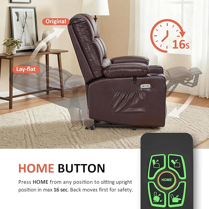MCombo Large Dual Motor Power Lift Recliner Chair for Elderly, Massage and Heat, Lay Flat, Zero Gravity, Home Button, USB Port, Faux Leather 7680 (Light Brown, Large)