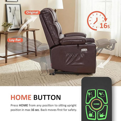 MCombo Large Dual Motor Power Lift Recliner Chair for Elderly, Massage and Heat, Lay Flat, Zero Gravity, Home Button, USB Port, Faux Leather 7680 (Dark Brown, Large)