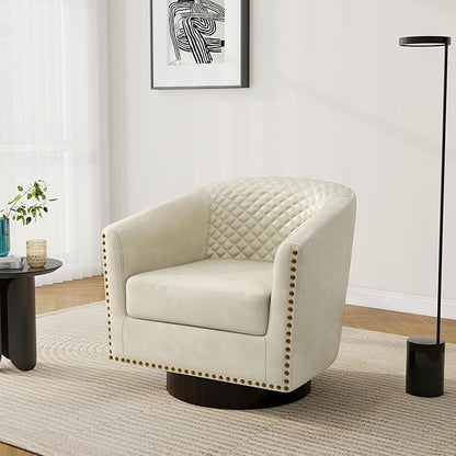 Pia Ricco Faux Leather Swivel Barrel Accent Chairs, 360° Swivel Round Single Sofa Chair, Comfy Upholstered Club Armchair with Nailhead Trim for Living Room/Reading Room/Bedroom,Beige