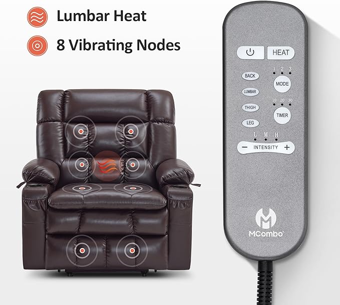 MCombo Dual Motor Power Lift Recliner Chair for Elderly, Lay Flat Lift Chair with Heat and Massage, Extra Wide Lift Recliner for Big People, Cup Holders, Faux Leather R7897 (Dark Brown, Medium-Wide)