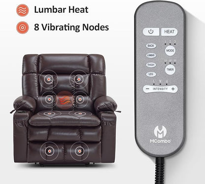MCombo Dual Motor Power Lift Recliner Chair for Elderly, Lay Flat Lift Chair with Heat and Massage, Extra Wide Lift Recliner for Big People, Cup Holders, Faux Leather R7897 (Dark Brown, Medium-Wide)