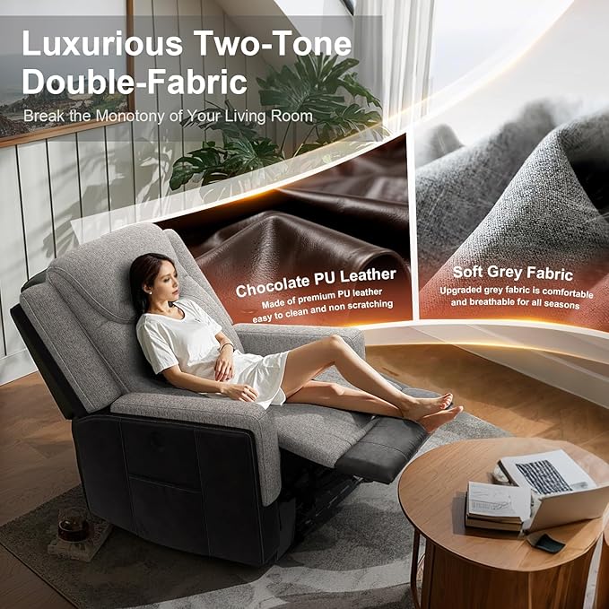 Oversize Manual Recliner Chair for Adults, Extra Wide Single Reclining Sofa Chair with Ergonomic, FSC Certified, Grey Linen-Blend & Chocolate Leather Scandinavian Chic for Living Room, RV