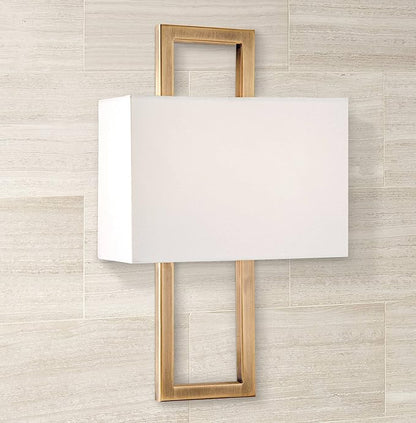 Possini Euro Design Modena Modern Wall Light Sconces Set of 2 French Brass Gold Hardwired 9 1/2" Fixture Off-White Faux Silk Half Shade for Bedroom Bathroom Vanity Living Room Home Hallway Dining