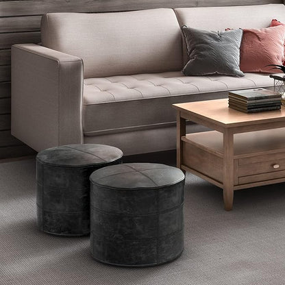 SIMPLIHOME Connor Boho Round Pouf in Distressed Black Genuine Leather for the Living Room, Bedroom and Kids Room