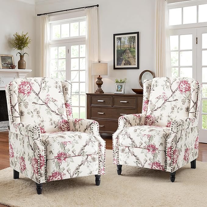 Recliner Chair, Upholstered Wingback Floral Pushback Armchair with Adjustable Backrest & Footrest, Comfy Accent Chair for Small Spaces, Living Room, Bedroom-Plants Floral, Set of 1