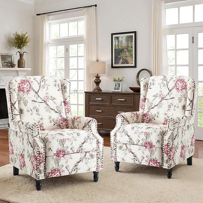 Recliner Chair, Upholstered Wingback Floral Pushback Armchair with Adjustable Backrest & Footrest, Comfy Accent Chair for Small Spaces, Living Room, Bedroom-Plants Floral, Set of 1