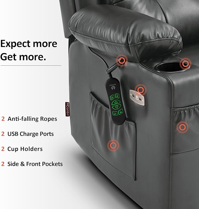 MCombo Large Triple Motor Power Lift Recliner Chair with Massage and Heat for Elderly People, Adjustable Headrest, Infinite Position, USB Ports, Faux Leather 7662 (Dark Grey, Large)