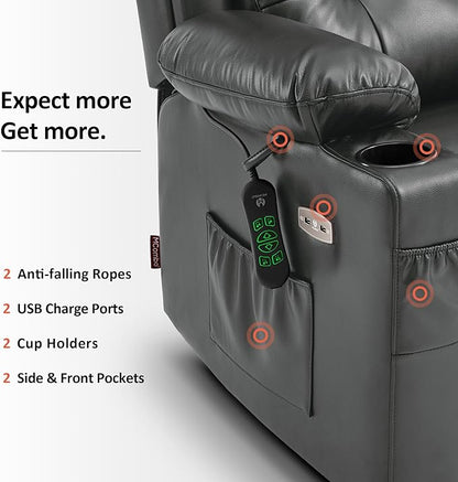 MCombo Large Triple Motor Power Lift Recliner Chair with Massage and Heat for Elderly People, Adjustable Headrest, Infinite Position, USB Ports, Faux Leather 7662 (Dark Grey, Large)