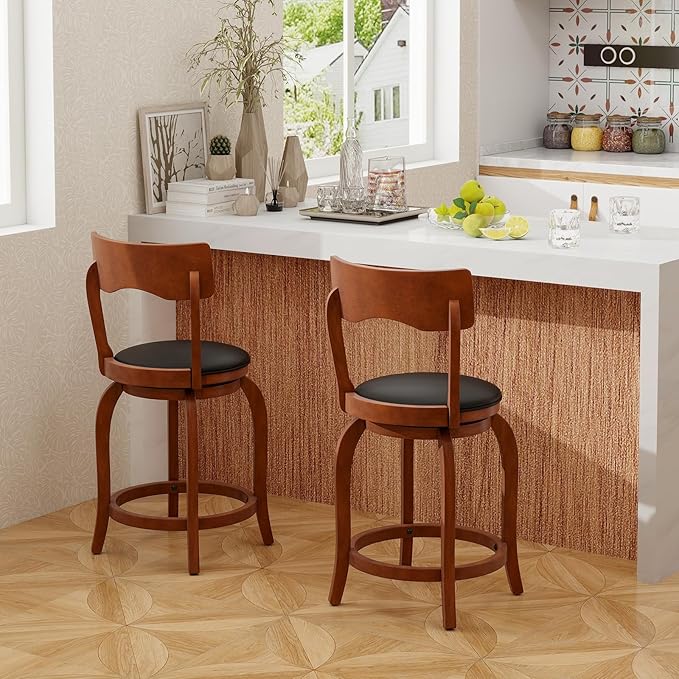 COSTWAY Bar Stools Set of 4, 24 Inch Swivel Counter Height Chairs with Rubber Wood Frame, Upholstered Seat, High Back Barstools for Kitchen Island, Home Bar, Pub, Brown (4, Seat Height: 24”)