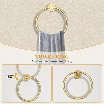 Brushed Gold Towel Bar Set 5 Pieces Round Bathroom Hardware Set Includes 23.6in Towel Bar Towel Ring Toilet Paper Holder Towel Hooks Stainless Steel Wall-Mounted Bathroom Towel Holder Set