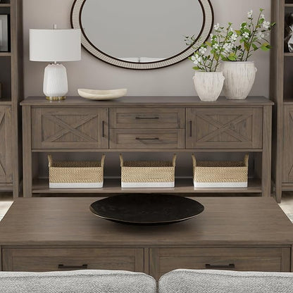 SIMPLIHOME Ela Console Table - 48 Inch Wide Solid Wood Sofa Table in Smoky Brown, Transitional Storage for Entryway or Living Room with 2 Drawers, 2 Cabinets, Open Shelf, and X-Panel Doors