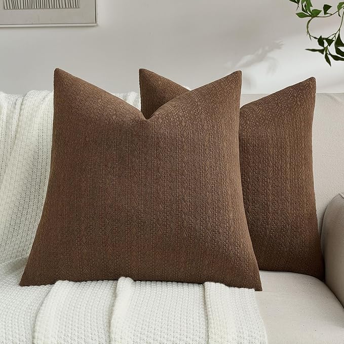 FUTEI Dark Brown Chenille Throw Pillow Covers 16x16 Inch Set of 2,Soft Striped & Diamond Textured Cushion Cases,Modern Home Decor for Couch Living Room
