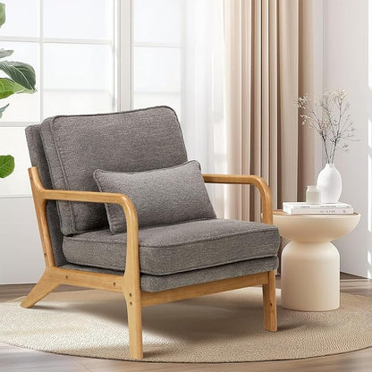 Modern Accent Chair with Lumbar Pillow, Relaxing Mid Century Chair Armchair with Solid Wood Frame & Soft Cushion, Reading Leisure Armchair for Living Room, Grey
