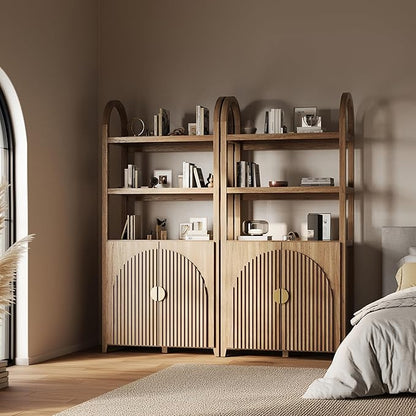 BELLEZE Book Shelf 72" Tall Arched Bookcase with Storage, 5 Tier Mid Century Modern Fluted Bookshelf with Doors, Modular Bookshelves for Living Room Office Library, Set of 2 (Caramel Brown)
