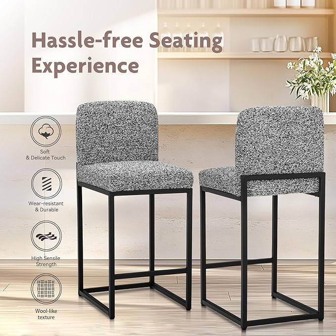 ALPHA HOME 24" Bar Stools Set of 4 Kitchen Counter Stools with Back, Counter Height Stools with Upholstered Footrest for Kitchen Island, Metal Steel Frame, Chenille, Gray